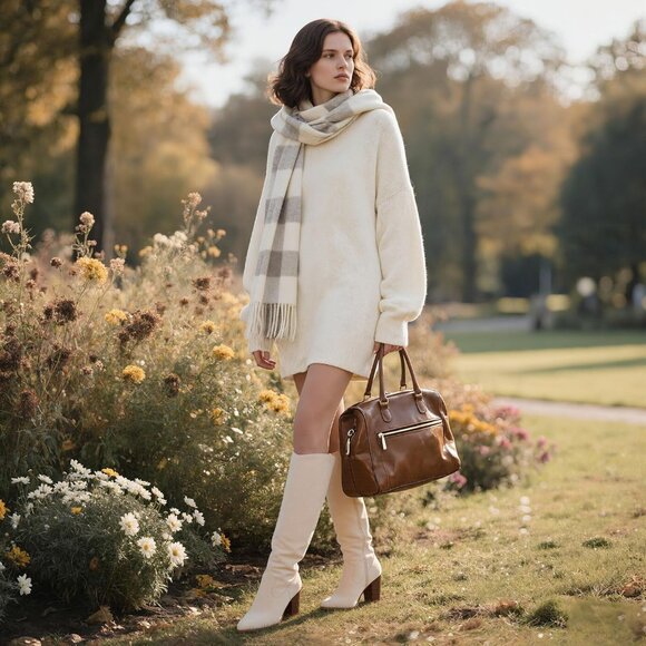 Womens Suede Beige Side Zipper Knee High Pointed Toe Chunky Heel Tall Boots - Picture 3 of 6